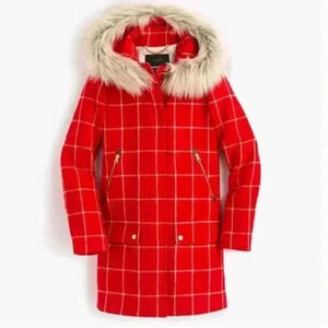 J. Crew Chateau Parka Red Plaid Windowpane Check 100% Wool Hooded Coat Size 00